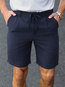 Manfinity Bizformal Quần short công sở nam dáng rộng có dây rút, thích hợp cho mùa xuân/hè. - Màu xanh hải quân - Xem 1