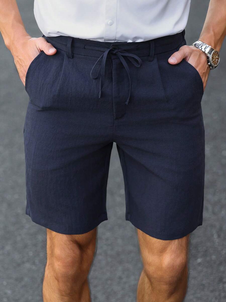 Manfinity Bizformal Quần short công sở nam dáng rộng có dây rút, thích hợp cho mùa xuân/hè. - Màu xanh hải quân - Xem 1