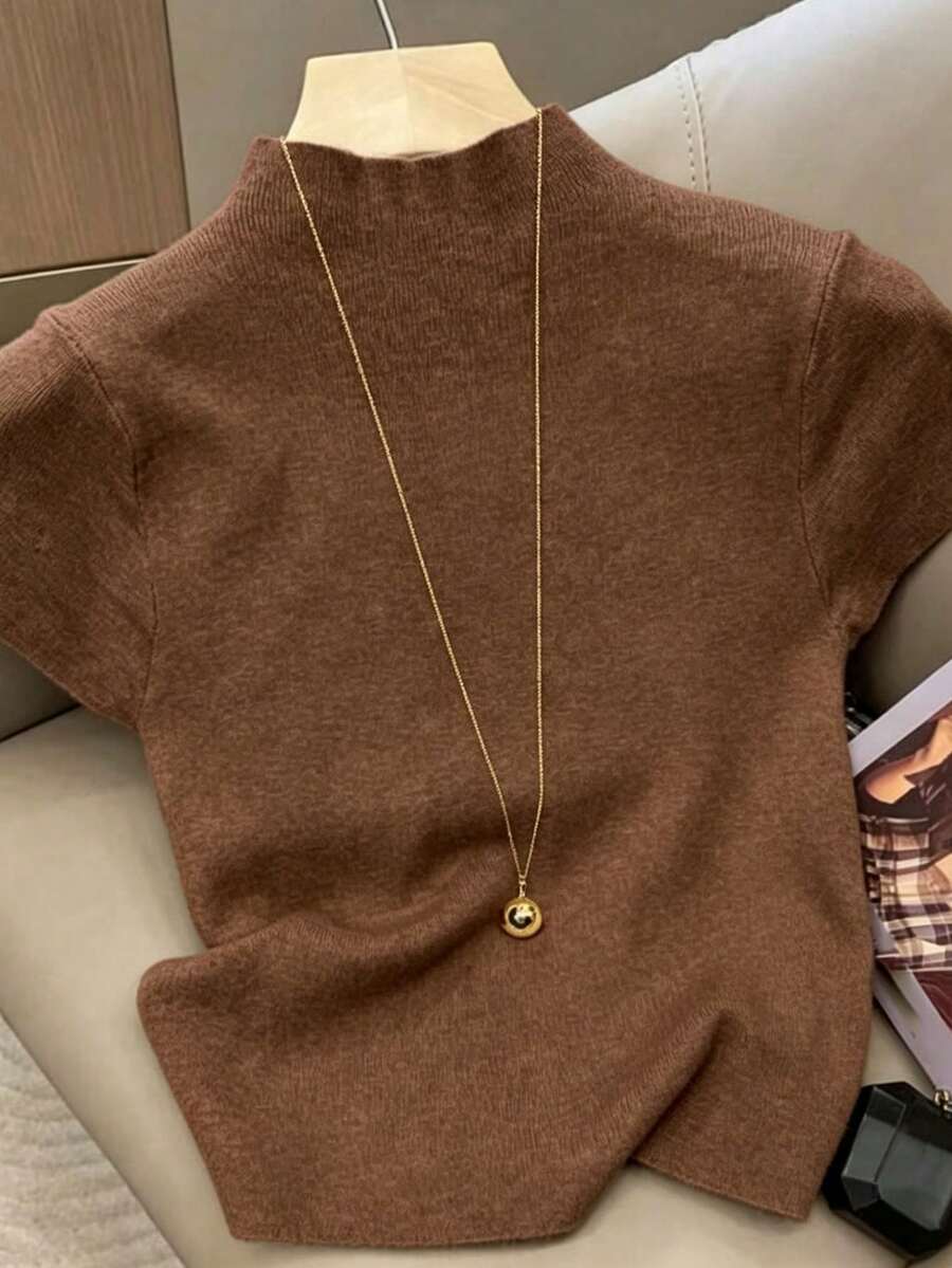 Resyla Women's Solid Color Casual Versatile Knit Top For Daily Wear - Brown - View 1