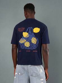 SUMWON Regular Fit Crew Neck Short Sleeve T-Shirt With Lemon Organic Market Back Graphic Print And Logo Detail - Navy Blue - View 1