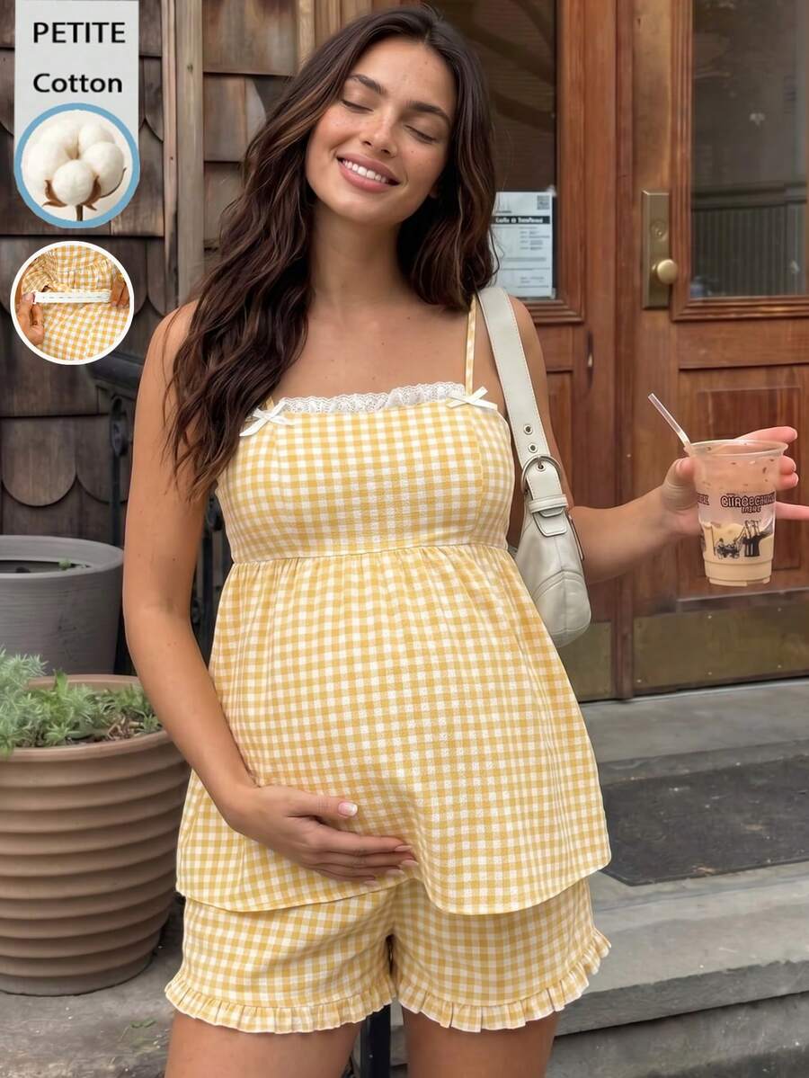 SHEIN Ensemble 2 pièces décontracté, top camisole à volants en patchwork de dentelle à carreaux et short à taille ajustable - Jaune citron - Voir 1