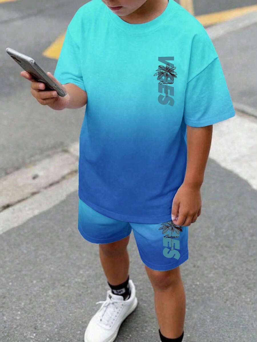 SHEIN 青少年男童休闲舒适简约圆领短袖T恤和短裤套装 - 彩色 - 查看 1