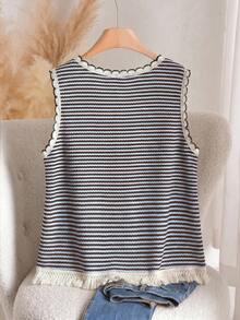 Story & Sage Women's Casual Coastal Chic French Vacation Camisole, Navy Blue And White Patchwork Lace Trim Fringe Hem, Spring/Summer Brunch - Blue - View 3