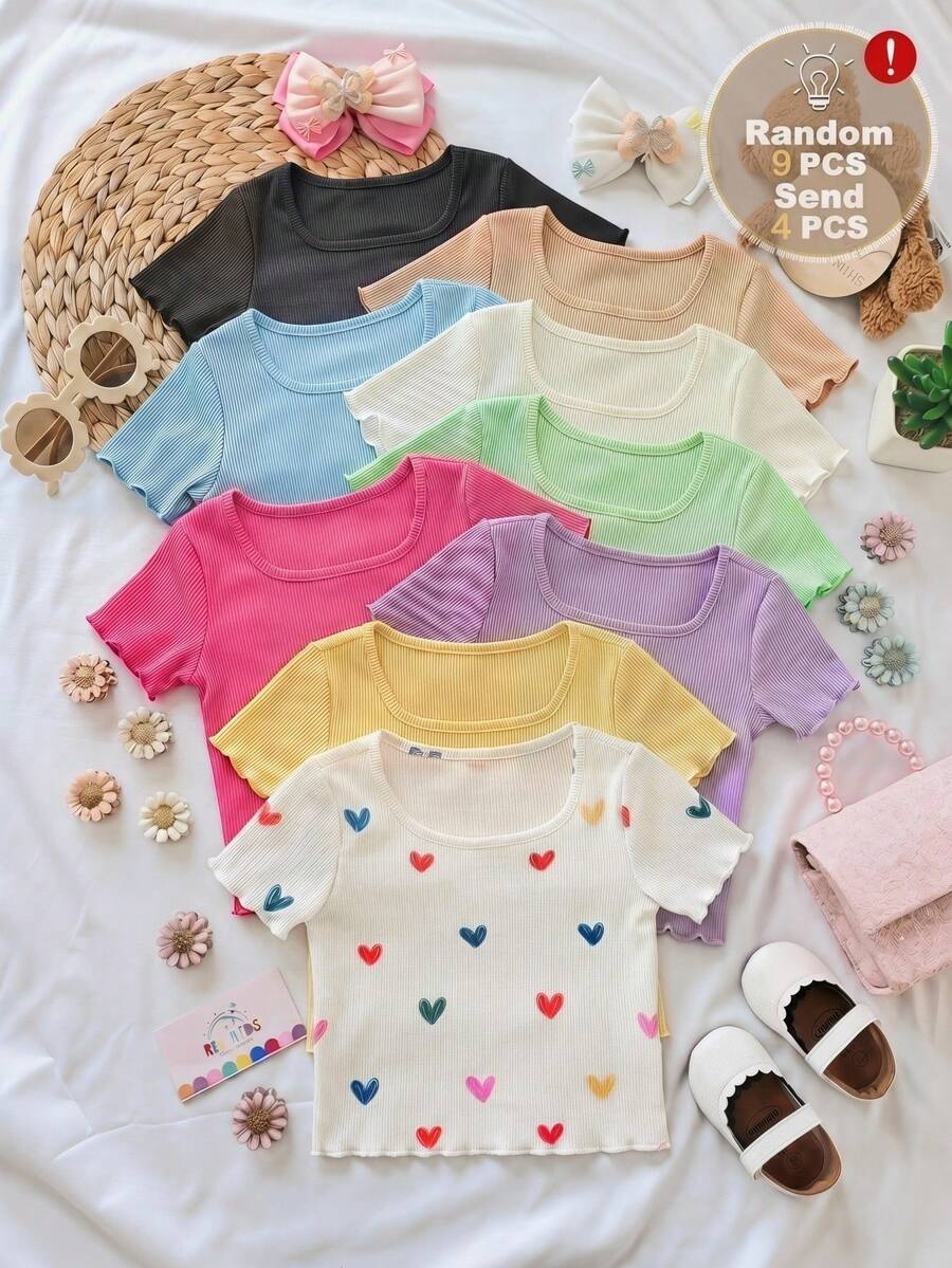 SHEIN Baby Girls Casual Solid Color Ruffles Trim Short Sleeve Knitwear Tops,Random 9 Pieces, Send 4 Pieces - Multicolor - View 1