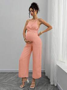 Momance Bộ áo liền quần cho bà bầu bằng hạt gỗ, kiểu cổ yếm, buộc nơ phía trước. - Hồng - Xem 4