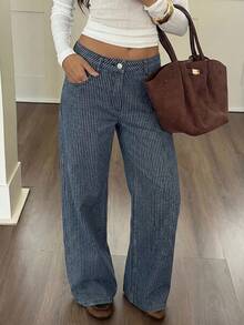 Siren Gaze Quần jeans nữ ống đứng dáng rộng, kẻ sọc có túi, kiểu dáng thường ngày. - Màu xanh lam - Xem 1