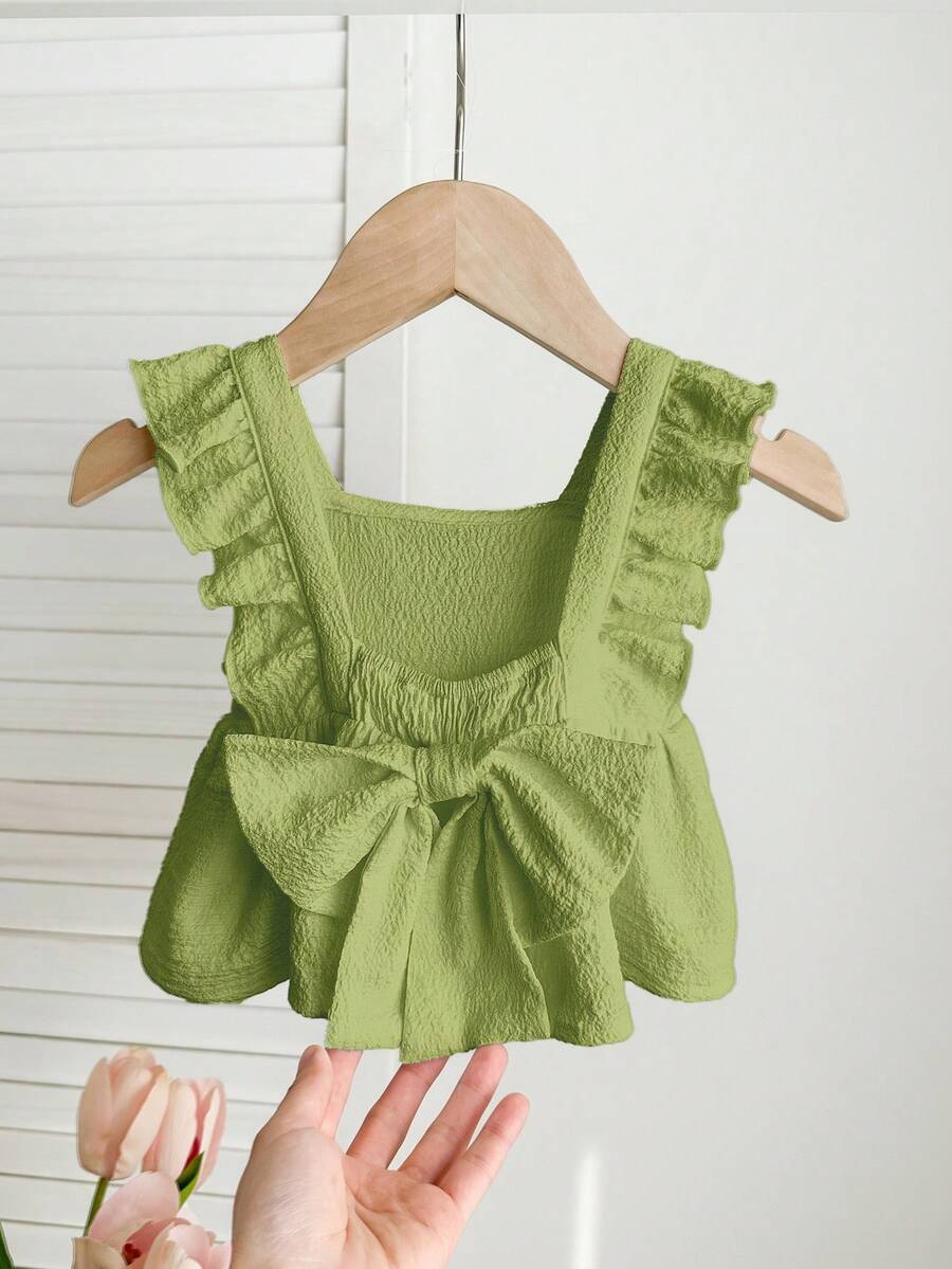 SHEIN Áo kiểu bé gái dễ thương, có họa tiết, thắt nơ, thích hợp cho mùa hè. - Màu xanh Ô liu - Xem 1
