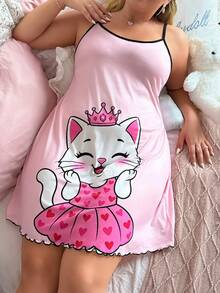 Slumberry CURVE Áo ngủ hai dây cỡ lớn in hình mèo hoạt hình dễ thương. - Nhiều màu - Xem 3