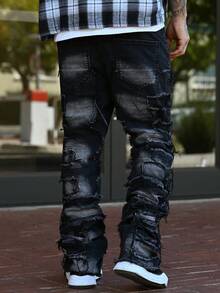 Devon Thys Quần Jeans Denim Co Giãn Có Viền Thêu Hình Mèo Vằn Cho Nam, Kiểu Dáng Ôm, Loe, Phong Cách Emo - màu đen - Xem 2
