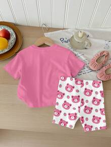 [RANDOM 3 Sets SEND 1 Set]Baby Girl Cute Summer Light Pink Graphic Bear Strawberry Print Round Neck T-Shirt & Bike Shorts Set,Family Matching Outfits - Multicolor - View 6