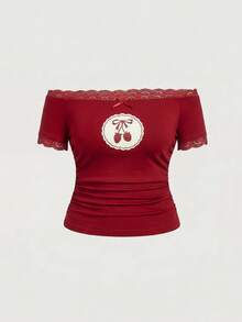 SHEIN MOD 大码女式草莓印花蕾丝拼接露肩上衣 - 紅色 - 查看 6