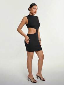 SHEIN ICON Women's Fashion Versatile Ruched Hollow Out Bodycon Dress - Black - View 6