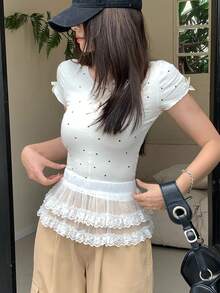 DAZY Women Plain Elegant Daily Lace Decor Pleated A-Line Skirt - White - View 4