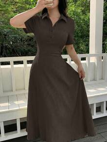 Modelyn Women's Solid Color Knit Mid-Length Dress Coffee Brown Polo Collar Textured Midi Dress Textured Crinkle Fabric Two-Way Stretch Spandex Summer Dress - Khaki - View 3
