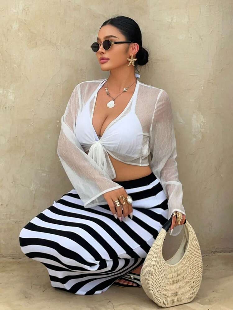 Dazy Plus Plus Size Women White Chiffon Cropped Tie-Front Cover Up Cover Up, Spring/Summer Beach Wear