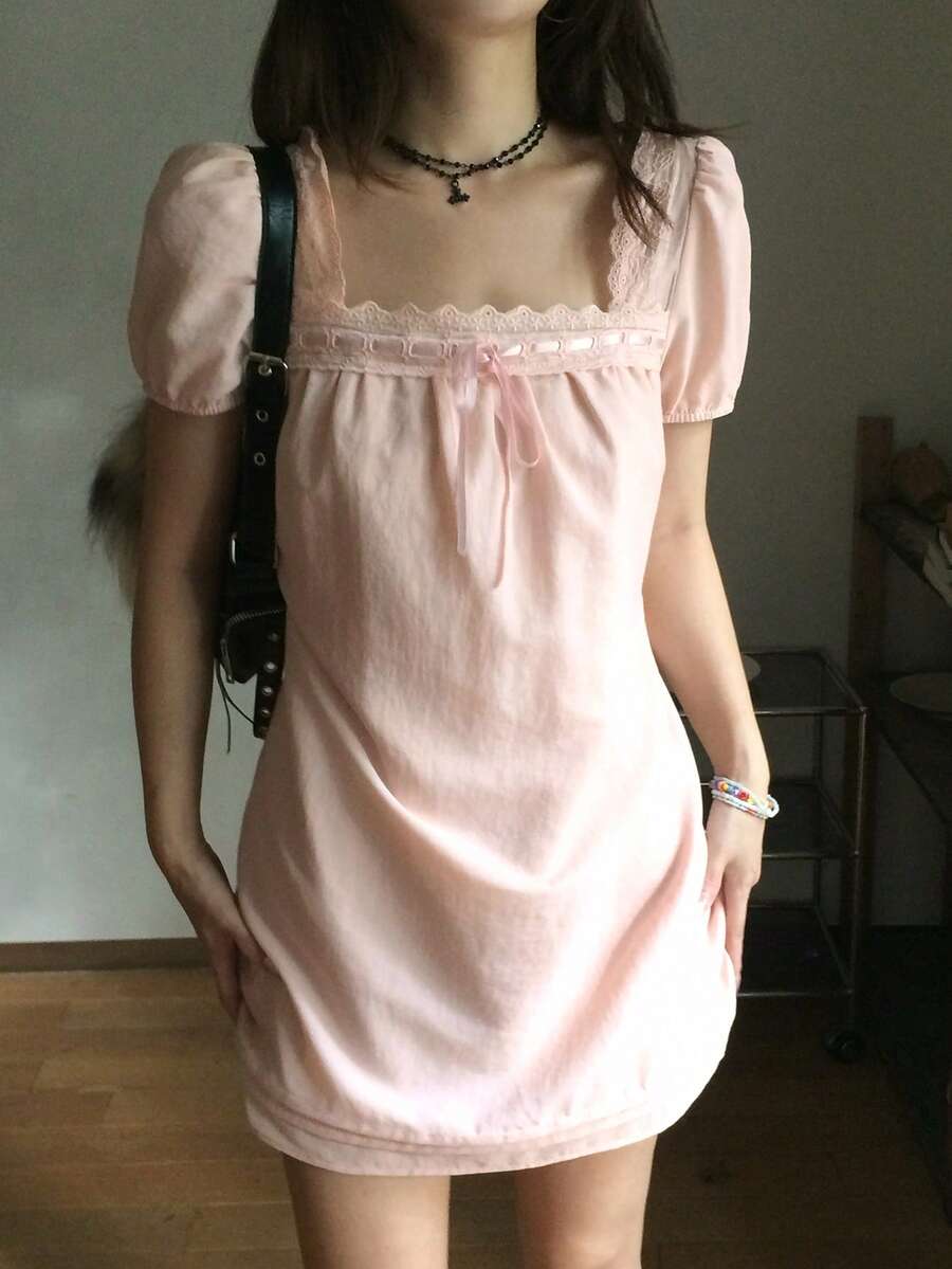 Joudiya 春夏鏤空蕾絲飾邊拼接粉色洋裝 情人節婚禮宴會舞會晚禮服 時尚派對修身優雅通勤短袖女裝裙 - 粉色 - 查看 1