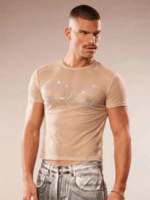 FeverCity Men's Letter Rhinestone Decor Sheer Round Neck Short Sleeve T-Shirt - Khaki - View 3