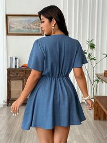 Weeklong Plus Size Women's Solid Color Lace Trim Ruffle Sleeve Mini Dress, Summer Formal Vacation Blue Casual - Multicolor - View 2