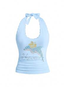 Sweetness Casual Relaxed Cute Dolphin Graphic Rhinestone Embellished Women Tank Top, Suitable For Island Vacation & Daily Wear - Baby Blue - View 5