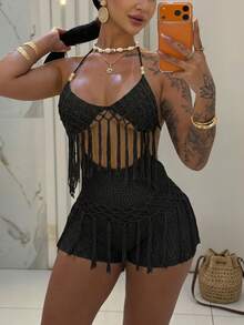 Soleia Women's Sleeveless Hollow Out Fringe Decor Fashion Knit Dress, Summer - Black - View 9