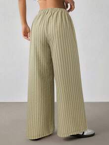SHEIN PETITE Pantalones sueltos de cintura elástica a rayas casuales para mujeres, mujeres de talla pequeña - verde menta - Ver 2