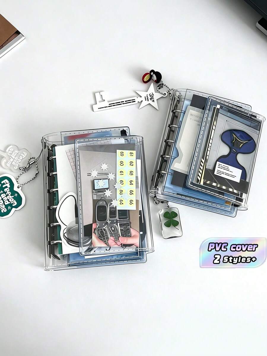 Cuaderno de hojas sueltas transparente A7, páginas interiores en blanco, cuaderno de hojas sueltas transparente, cuaderno de pegatinas, cuaderno de cuero suave, página reemplazable de PVC transparente, carpeta portátil de gran capacidad, adecuado para álbum de fotos y almacenamiento de pegatinas hechas a mano - transparente - Ver 1