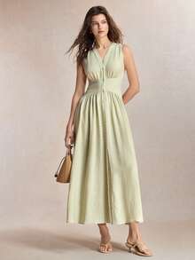 BizChic Green Women's Long Dress V-Neck Sleeveless Fitted Waist Elegant Casual Vacation Party Date Wedding Guest Independence Day Graduation Season Music Festival Slimming Elegant Versatile High-End Summer Social Holiday Gathering Outing Beach Office Daily French Vintage Minimalist Fresh - Green - View 4