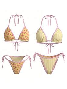 Sweetra Women's Casual Vacation Striped Sexy Halter Bikini Two Pieces Swimsuit Cheetah Print Gingham Trim Bikini Vacation Bikini Floral Bikini Tanning Summer - Multicolor - View 2