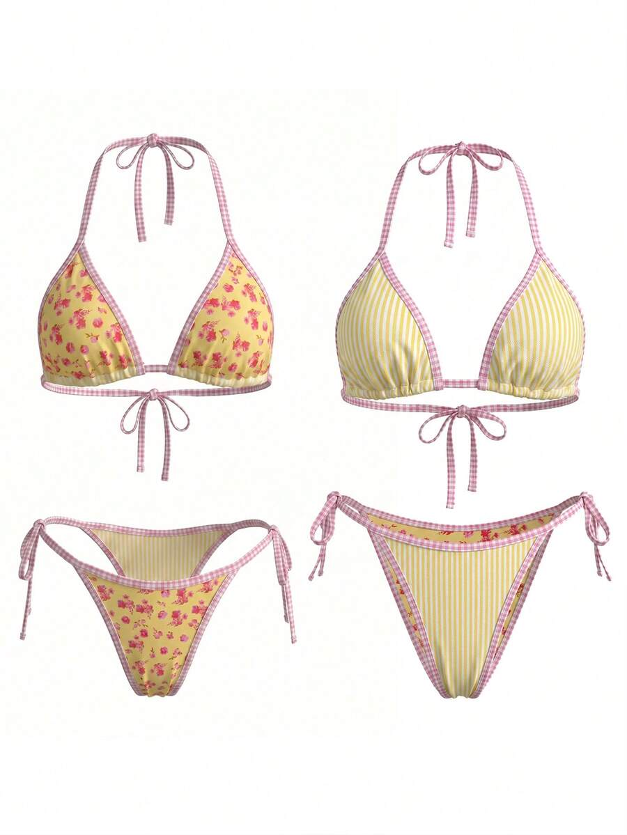 Sweetra Women's Casual Vacation Striped Sexy Halter Bikini Two Pieces Swimsuit Cheetah Print Gingham Trim Bikini Vacation Bikini Floral Bikini Tanning Summer