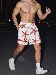STEELVANCE Men's Casual Beach Shorts With Starfish Print Men Swim Trunks Men Swim Trunks Men Swim Trunks Beach,Hawaiian - Red - View 3