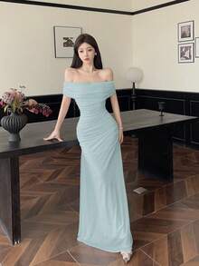 Modelyn 女士露肩褶皱腰身优雅婚礼/场合礼服 - 綠色 - 查看 6