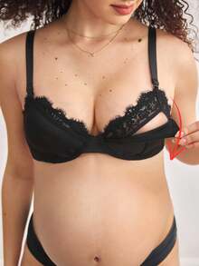 Moonlight&Mama Black Lace Patchwork Nursing Bra, Removable Cups, Suitable For Pregnancy, Breastfeeding, Postpartum - Black - View 1
