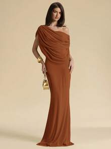 SHEIN BAE Coffee Brown Off-Shoulder Ruched Fitted Elegant Dress, Tight Fitted Elegant Dress, Flowing Dress Coffee Date Summer - Rust Brown - View 2