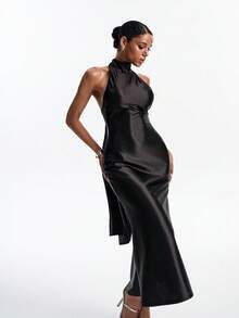 Livesso Vestido feminino de comprimento médio, primavera-verão, preto, para Dia de São Valentim, casamento, banquete, baile, gala, festa, moda, elegante, com atacadores, laço e bainha larga, para uso diário - Preto - Ver 2