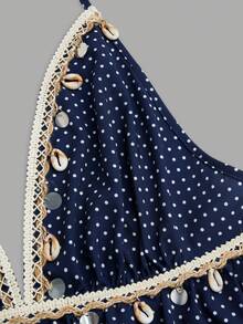 Sweetra Women's Summer Bohemian Camisole, Brown Polka Dot Ruffle Hem Shirt With Shell Sequin Decor, Deep V-Neck Beach Gym Top - Navy Blue - View 8