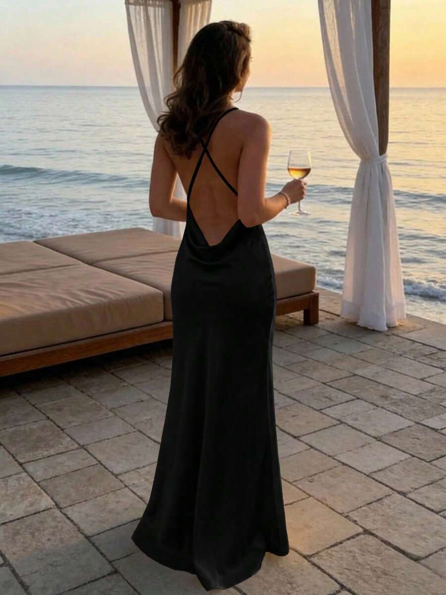 Aloruh Đầm hai dây hở lưng thanh lịch dành cho nữ, thích hợp dự tiệc. - màu đen - Xem 1