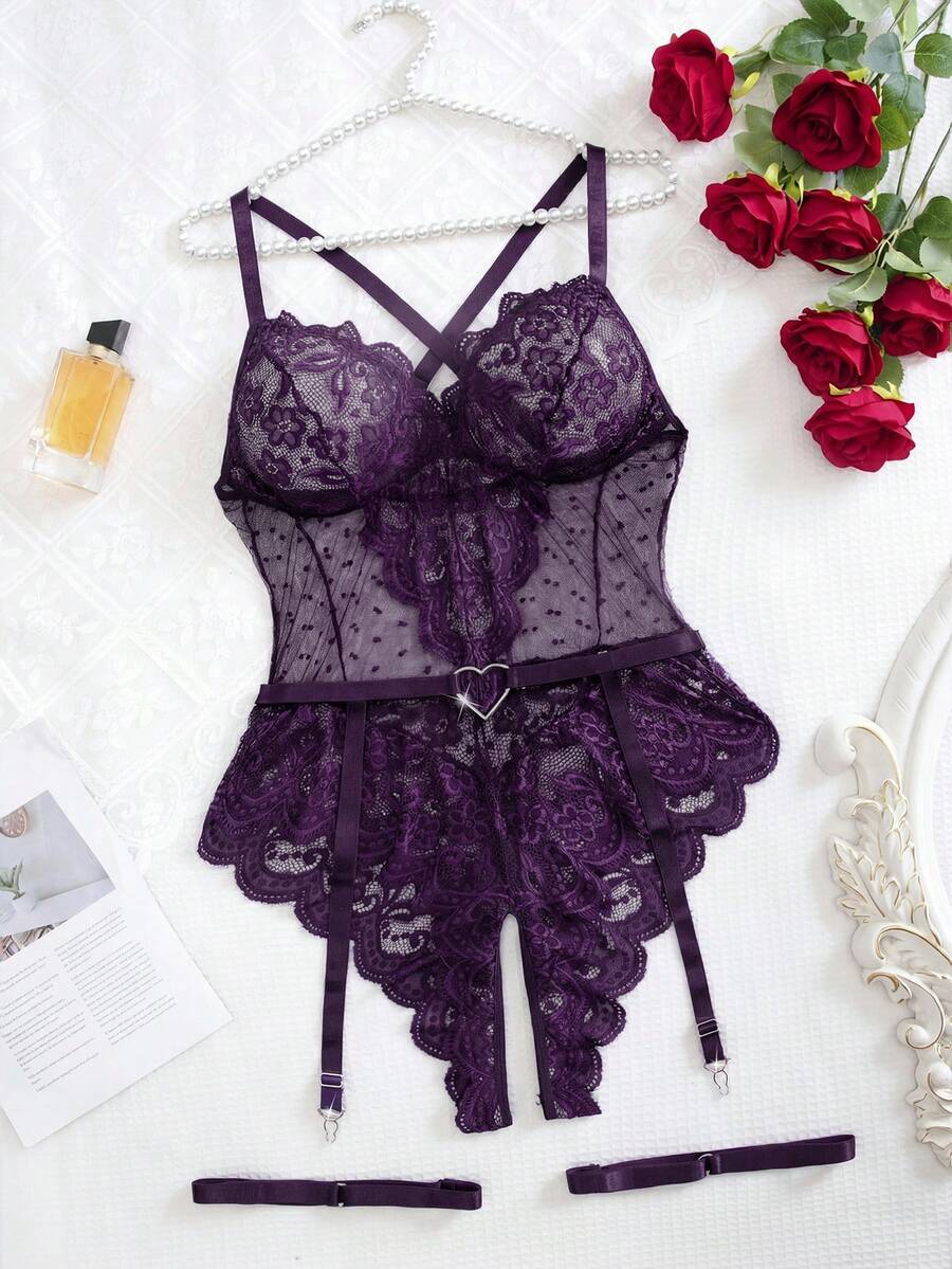 SHEIN 3pcs/Set Lace Plus Size Sexy Bodysuit Lingerie - Purple - View 1