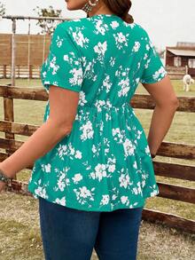 EMERY ROSE Plus Size Women Floral Print V-Neck Short Sleeve T-Shirt,Vacation Outfits Woman,Boho For Women - Limelight Green - View 2