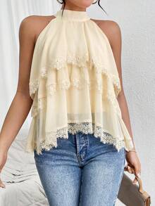 Firerie Halter Neck Ruffled Cake Chiffon Lace Hem Blouse Beach Vacation, Summer Holiday, Tropical, Resort Wear, - Apricot - View 6