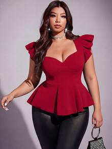 Viva Relle Plus Size Women Summer Burgundy,Autumn,Curve,Elegant 70's,Satin,Cocktail Sweetheart Neckline Flutter Sleeve Shirt,Sweet Spicy Casual Top Dates Party - Red - View 1