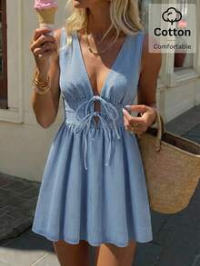 Vivid Eden Women's Vacation Blue And White Stripe Deep V-Neck Front Tie Sleeveless Denim Dress Outfits Autumn Country Sexy Concert Beach Outfit Casual Boho Beach - Black and White - View 2