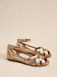 Rosivie Giày sandal nữ đế bằng dệt rỗng màu sâm panh ánh kim, có khóa cài, đế mềm chống trơn trượt, kiểu dáng La Mã cổ điển với chất liệu da màu vàng, thích hợp đi làm hàng ngày, đi nghỉ mát hoặc đi biển. - Rượu sâm banh - Xem 3