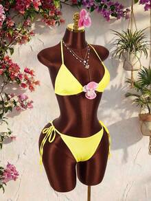 Amplova Women's Floral Print Mesh Avant-Garde Mini Set, Backless Sheer Details, Pastal, Autumn, Casual Sexy, Beach Golf, Holiday Vacation - Yellow - View 5