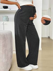 SHEIN Pantalones rectos de maternidad casuales con cordón y rayas - Negro - Ver 1