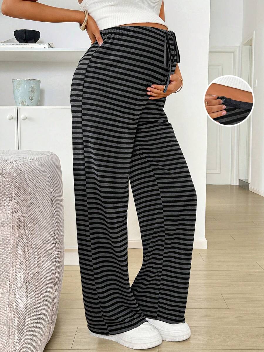 SHEIN Pantalones rectos de maternidad casuales con cordón y rayas - Negro - Ver 1