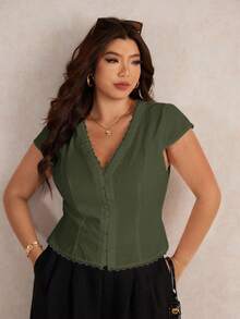 Elaquor Plus Size Solid V-Neck Cap Sleeve Lace Patchwork Casual Short Shirt For Summer - Army Green - View 8