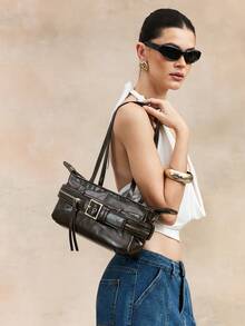 Viva Strut Women Dark Brown Solid Multi Zipper & Metal Buckle Large Capacity Minimalist Functional PU Leather Tote Bag - Coffee - View 6