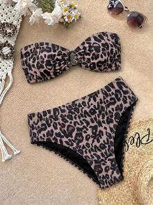 SHEIN VCAY Conjunto de biquíni tomara que caia com estampa de leopardo para mulheres, ideal para férias de verão na praia, Dia dos Namorados, looks de férias, moda praia, festivais, romântico, boêmio, estilo boho, doce, sedutor, festas rave, roupas para férias tropicais e carnaval. - Multicolorido - Ver 1