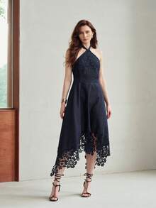 MOTF PREMIUM WOMEN'S CONTRAST LACE HALTER NECK DENIM DRESS - Dark Wash - View 3
