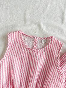 Vintaside Kids 女童復古優雅鏤空刺繡條紋布料圓領吊帶上衣與長褲套裝，適合日常穿著、外出與度假，春/夏季 - 粉色 - 查看 6